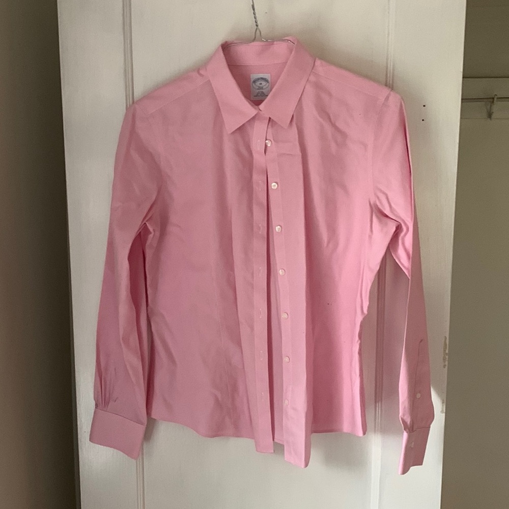 Brooks Brothers cotton fitted non-iron dress shirt. Pink gingham. Size 10